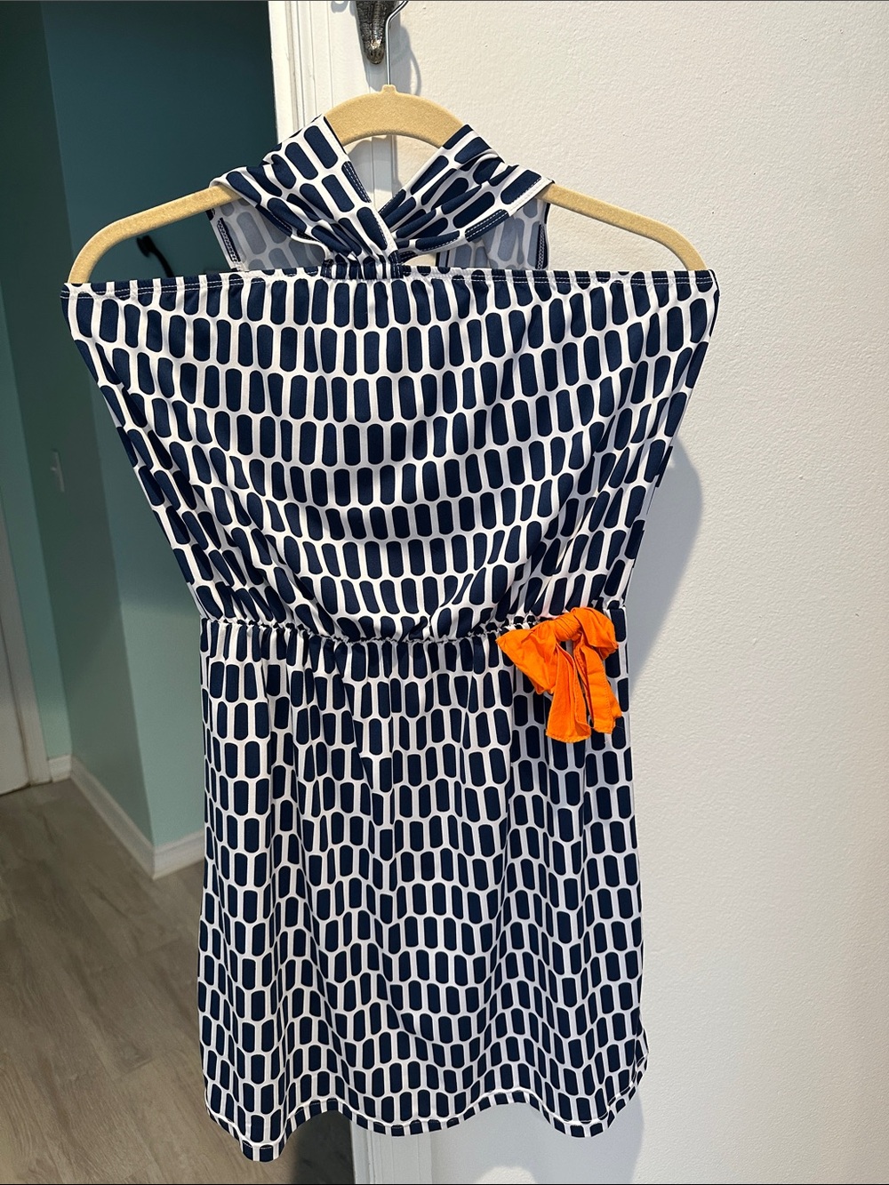 Mud Pie Navy and White Halter Mini Dress with Orange Bow